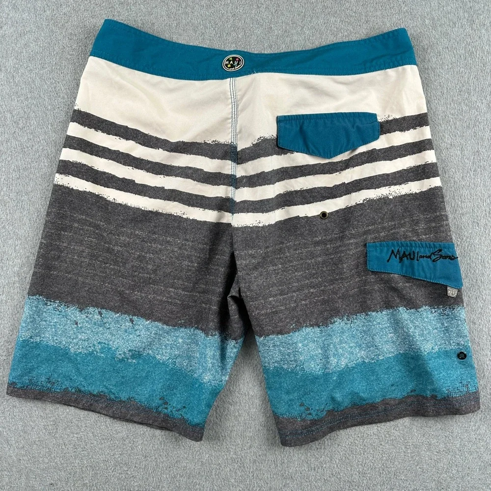 Maui and Sons Board Shorts Mens 34 Blue Black Shark 4 Way Stretch Striped Surf